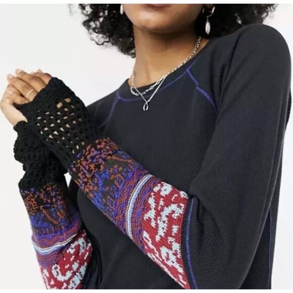 FREE PEOPLE In The Mix Crochet Cuff Waffle Long Sleeve Top - Picture 1 of 11